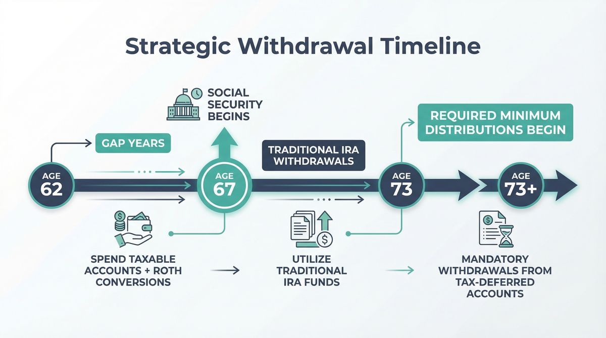 Strategic withdrawal timeline showing gap years from 62-67 for taxable accounts and Roth conversions, then traditional IRA withdrawals from 67-73, then RMDs at 73+